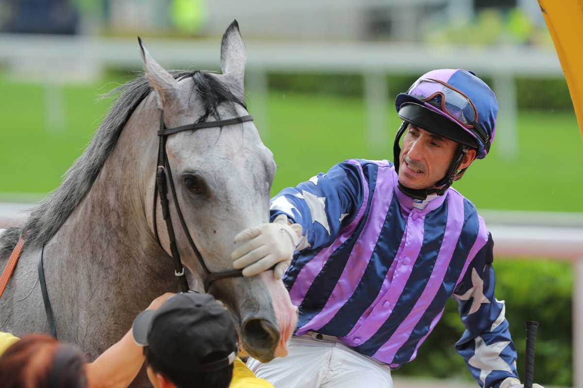  Olivier Doleuze gives Incredible Fellow a congratulory pat after winning race three, which formed part of a treble for trainer Richard Gibson. Photo: Kenneth Chan 