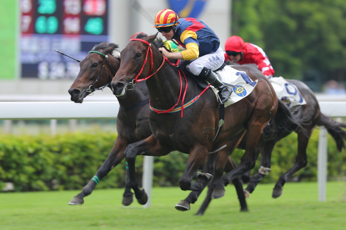 Industrialist Way, ridden by Tommy Berry, wins the third leg of the Triple Trio at Sha Tin last weekend. Photo: Kenneth Chan
