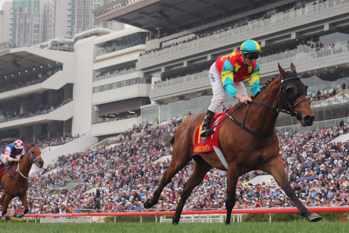 Ambitious Dragon wins the Queen's Silver Jubilee Cup in March, 2013. It was his last win and his penultimate start before a tendon injury saw him ruled out of the 2013-14 season. Photo: Kenneth Chan