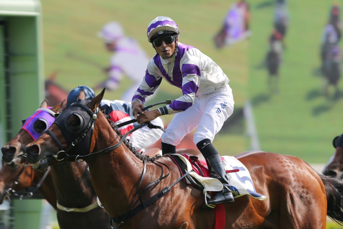 Karis Teetan breathes a sigh of relief after winning on How Speedy. Photo: Kenneth Chan