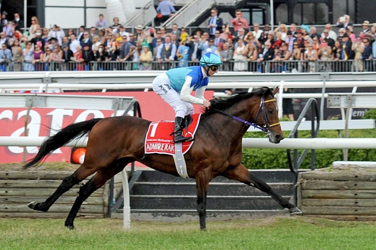Admire Rakti, riden by Zac Purton, tails off last in the Melbourne Cup. The favourite collapsed and died in his stall after the race. Photo: EPA