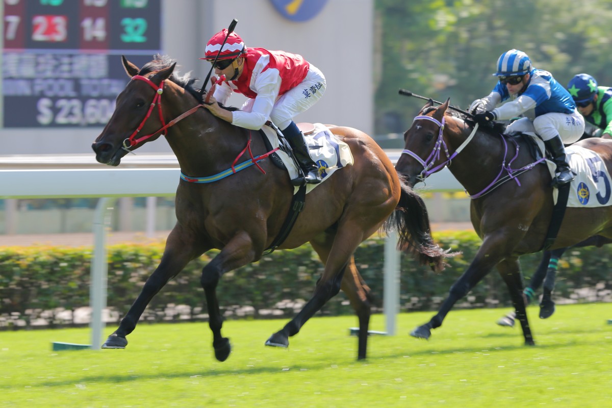 Eroico races clear to give Joao Moreira his first win for the day. Photo: Kenneth Chan