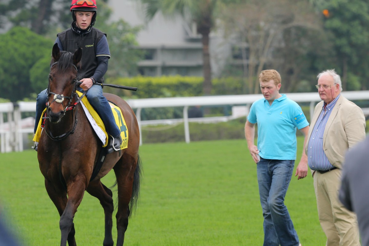 Trainer Tom Hogan (right) and assistant Eddie Power assess Gordon Lord Byron as he returns after a turf gallop. Photo: Kenneth Chan