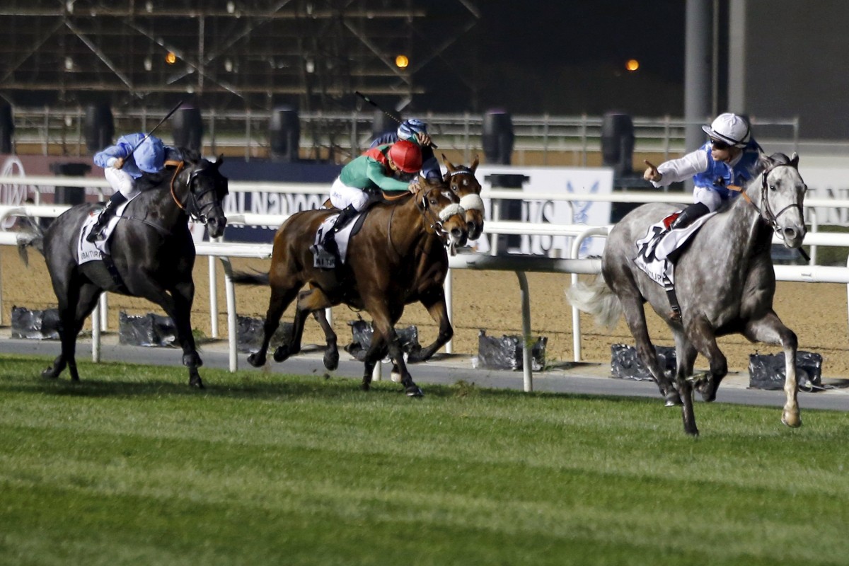 Solow (Maxime Guyon) races away for an easy win in the Dubai Turf at Meydan on Saturday night. Photos: Reuters, AFP, Kenneth Chan