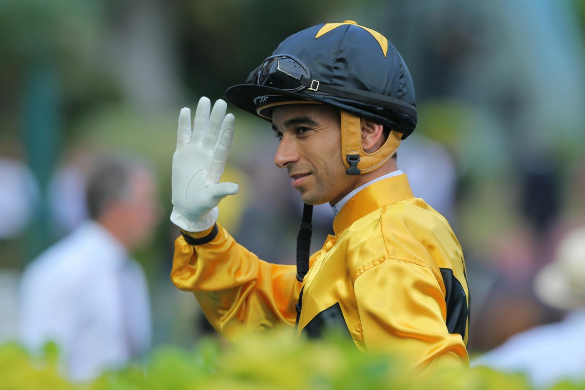 Joao Moreira celebrates after Dashing Fellow makes it five wins for the day. Photo: Kenneth Chan