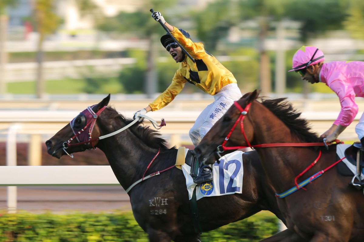 Howard Cheng celebrates as he takes the Panasonic Cup on John Moore-trained lightweight Dashing Fellow, holding off fellow four-year-old Sun Jewellery. Photos: Kenneth Chan