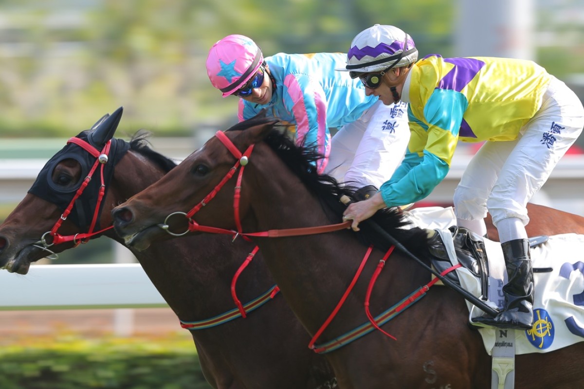 Joao Moreira turns to Zac Purton after steering Leading Horse to the tightest of wins over Unicorn. Photo: Kenneth Chan