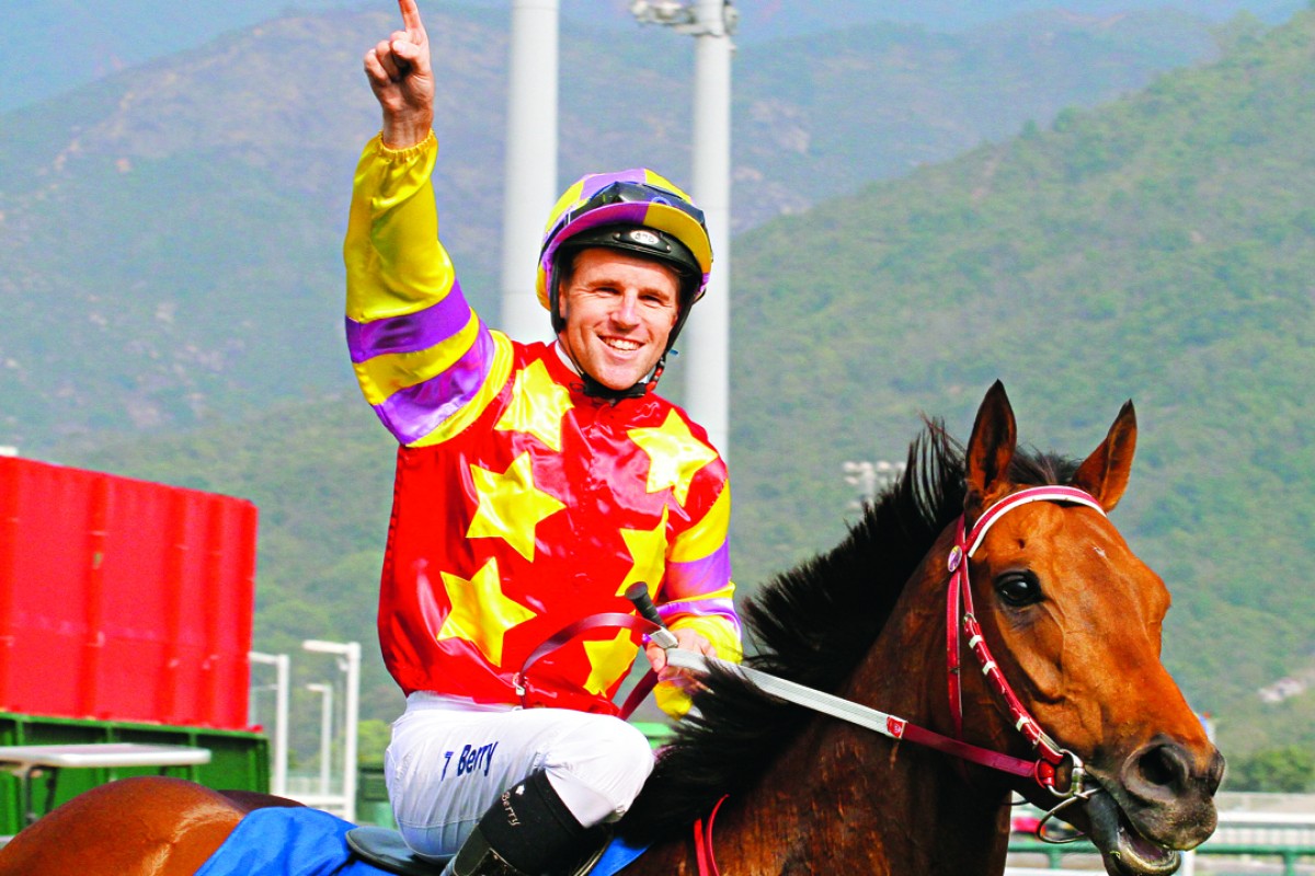 Tommy Berry celebrates as he returns aboard Designs On Rome after the pair reunited to win the Hong Kong Gold Cup. Photos: Kenneth Chan