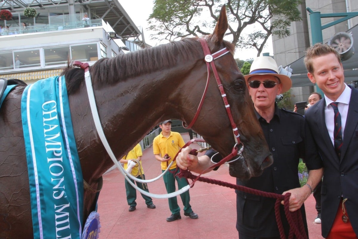 John Moore and Able Friend after winning the Champions Mile last May. Photo: Kenneth Chan