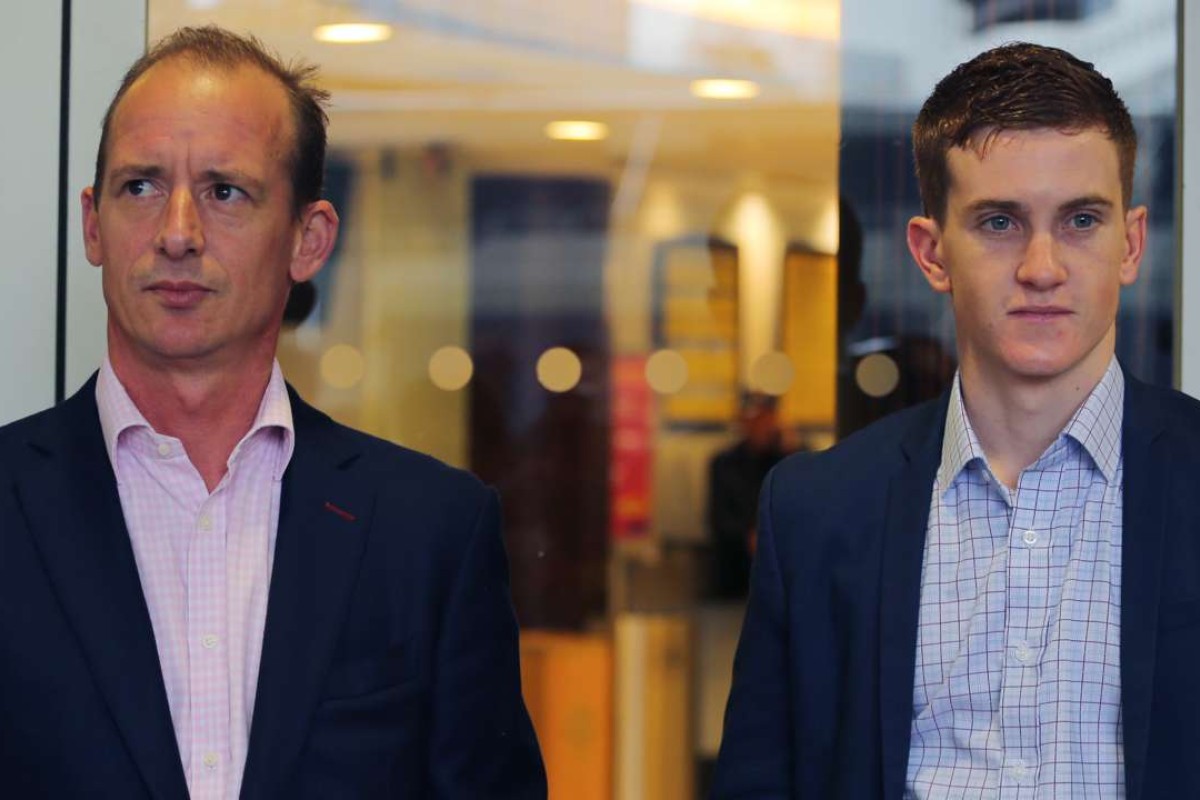 Chad Schofield, pictured with Richard Gibson at the Hong Kong Derby barrier draw on Thursday morning, looks well placed to regain momentum with two solid rides in Sunday’s Triple Trio, including Gibson’s Travel Renyi. Photo: Kenneth Chan