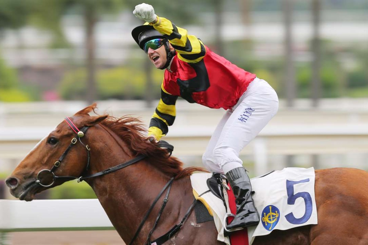 It was a traditionally big celebration from Brett Prebble as Lucky Bubbles stamped himself as a Group One horse in the making with a win in the Sprint Cup. Photo: Kenneth Chan