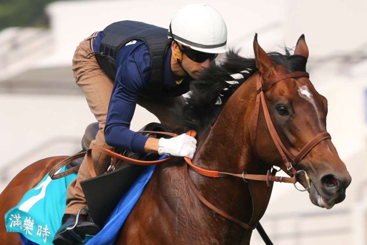 Joao Moreira keeps a tight grip on likely 2016 Champions Mile favourite Maurice as the Japanese galloper is tested on the turf on Sha Tin on Thursday. Photos: Kenneth Chan