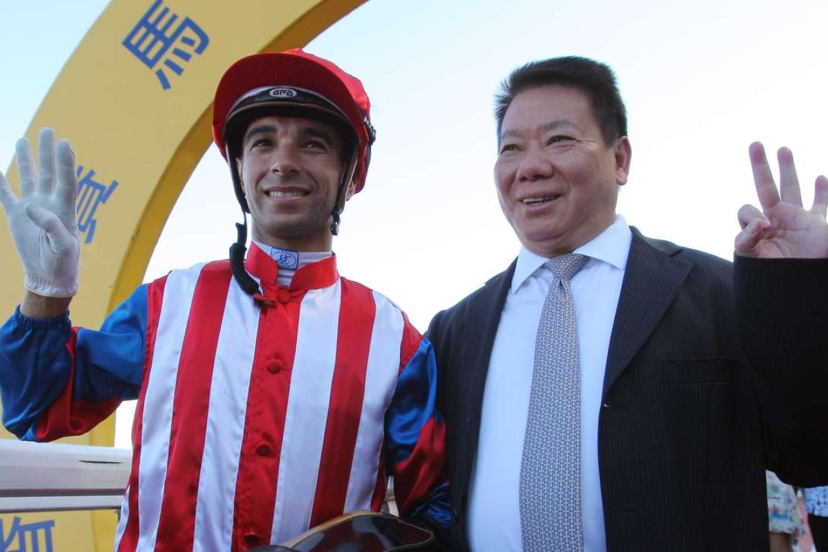 Joao Moreira celebrates his 400th winner in Hong Kong and his fourth winner of the day with Manfred Man, who brought up a treble with Spicy Sure. Photo: Kenneth Chan