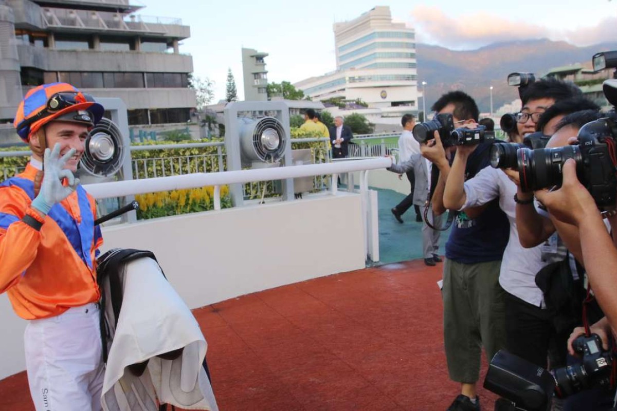Sam Clipperton poses for the photographers after his treble last Saturday. Photos: Kenneth Chan