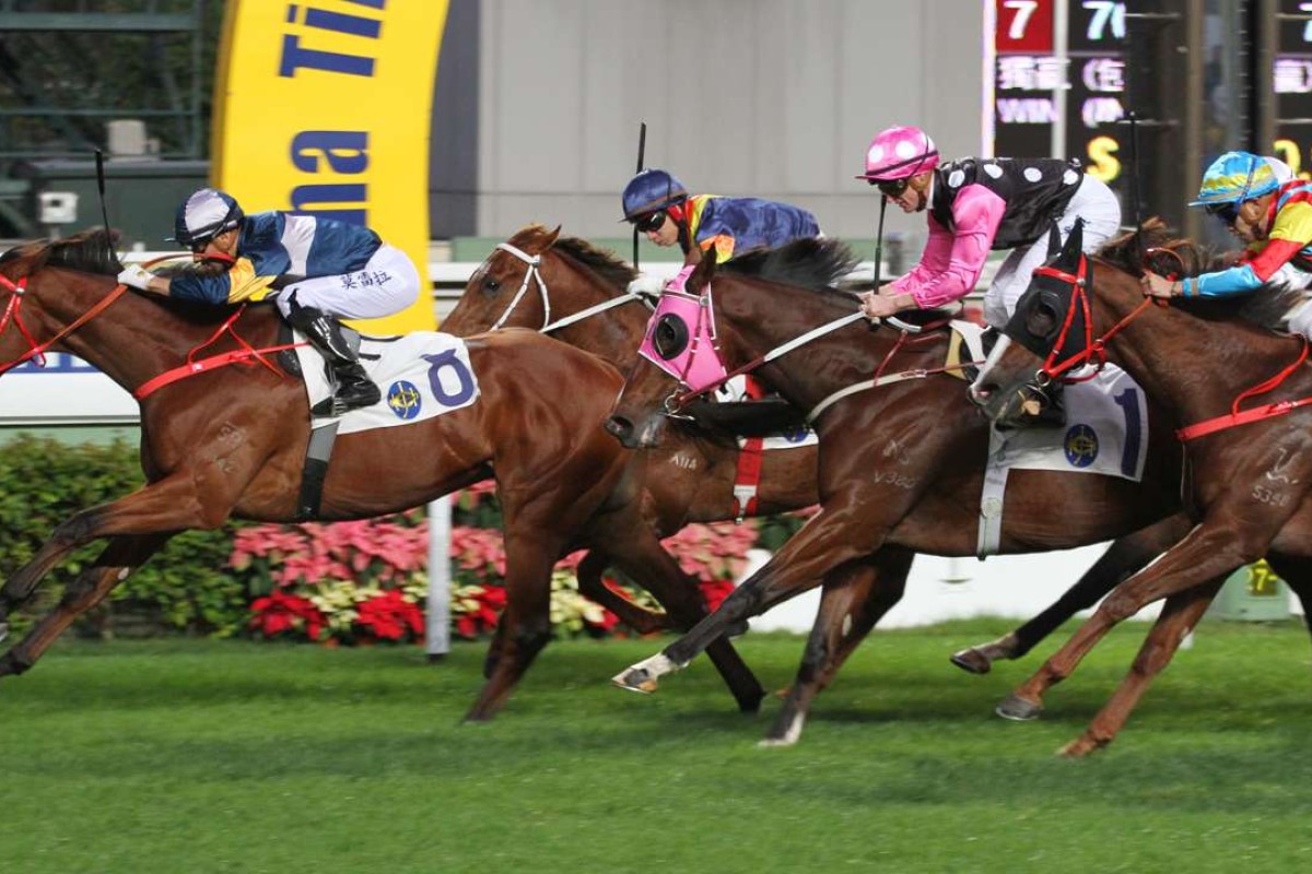 Jockey Zac Purton (pink sleeves) and Beauty Generation flash home for second behind My Darling on December 27 at Sha Tin over 1,400m. A step up to 1,600m on Sunday should benefit the John Moore-trained four-year-old. Photos: Kenneth Chan