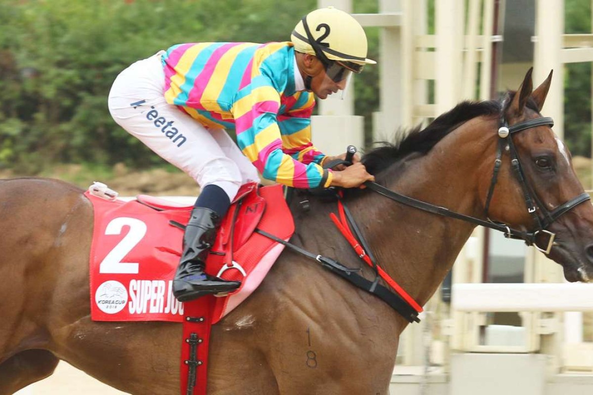 Karis Teetan guides Super Jockey to a dominant victory in the Korea Sprint. Photos: Kenneth Chan