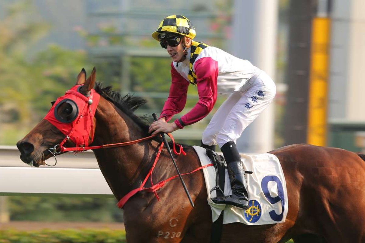 Chad Schofield sticks his tongue out after producing a gem of a ride to win the Group Three Centenary Vase on Supreme Profit. Photos: Kenneth Chan