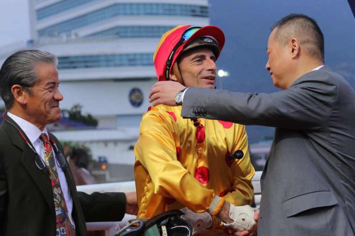 Tony Cruz, Gerald Mosse and Pan Sutong celebrate Gold Mount’s win. Photos: Kenneth Chan