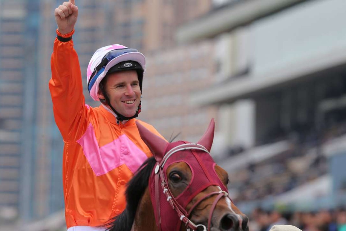Tommy Berry celebrates Helene Paragon’s victory. Photos: Kenneth Chan