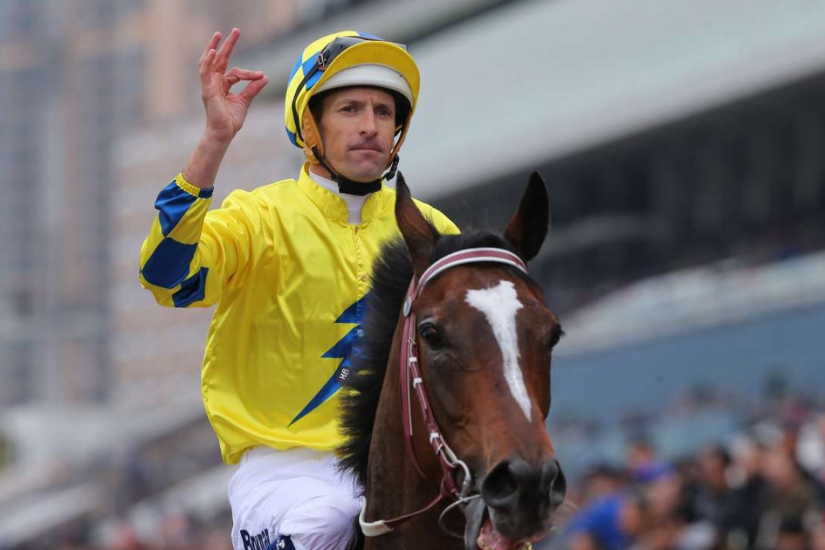Hugh Bowman celebrates Werther’s victory in the Group One Citi Hong Kong Gold Cup after winning on Winx a day earlier. Photo: Kenneth Chan