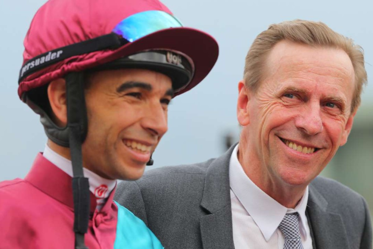 Joao Moreira and John Size after Beat The Clock’s win. Photos: Kenneth Chan