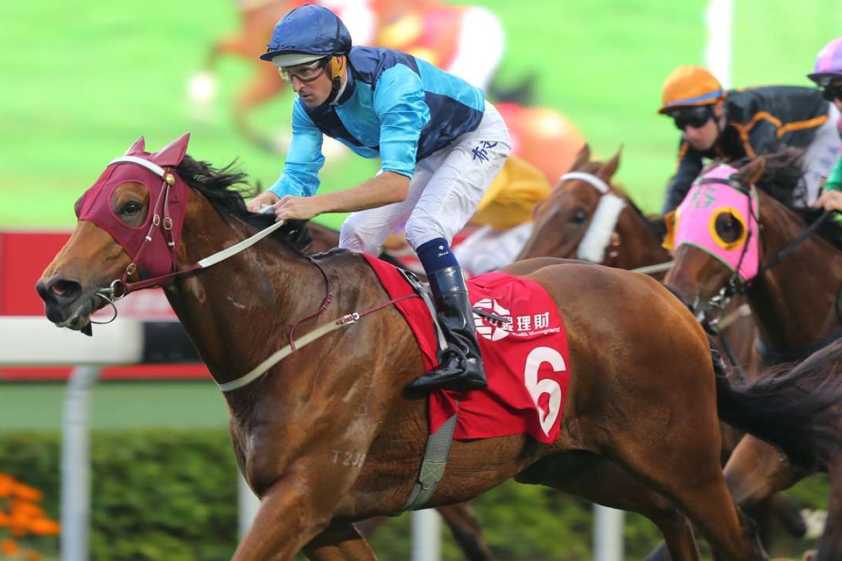 Not Listenin’tome, ridden by Hugh Bowman, booms home in the Jockey Club Sprint at Sha Tin in November. Photos: Kenneth Chan