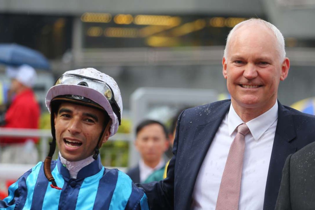 Joao Moreira and David Hall celebrate the win of Mambo Rock at Sha Tin on March 19, the pair combine with Best Tango on Wednesday night at Happy Valley. Photos: Kenneth Chan