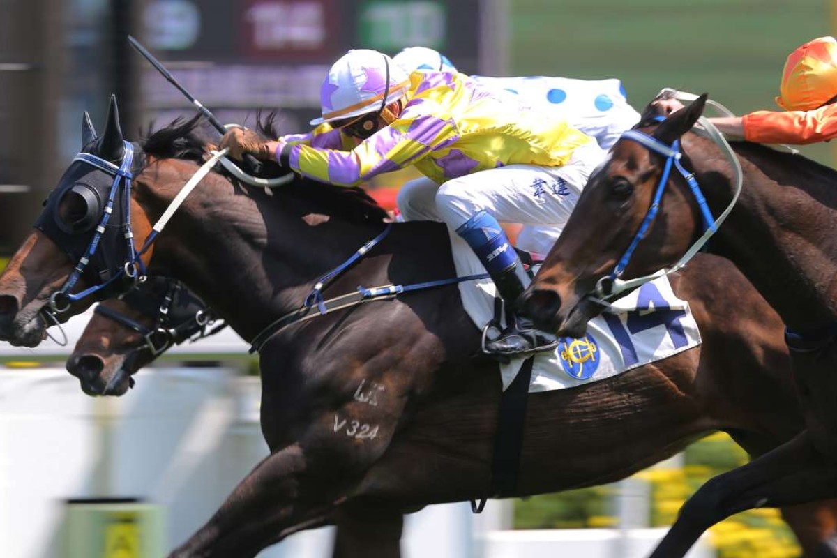 Douglas Whyte pushes out Noble De Love to salute at Sha Tin on Sunday. Photos: Kenneth Chan