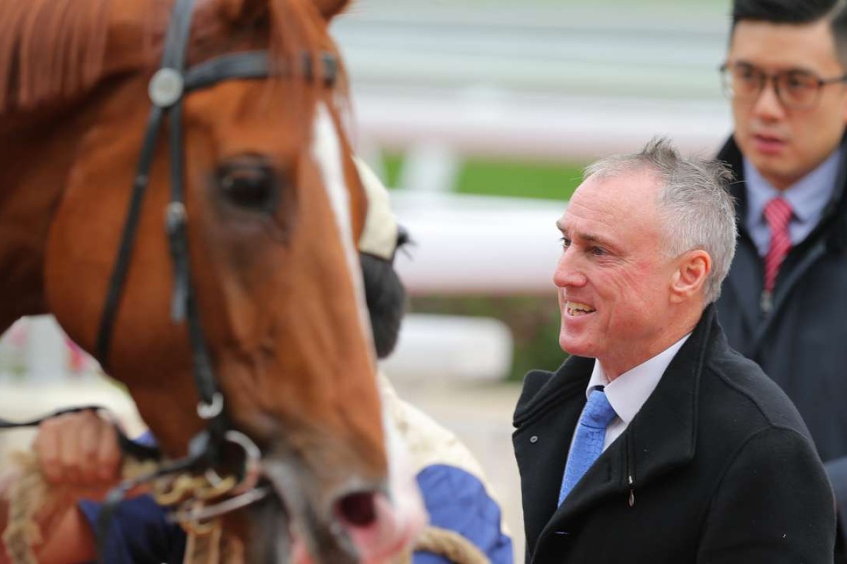 Paul O’Sullivan is all smiles after Merrygowin wins narrowly at Sha Tin. Photos: Kenneth Chan.