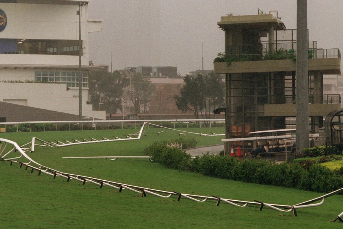 Typhoon York blows down the running rail at Sha Tin in September 1999. Photos: SCMP