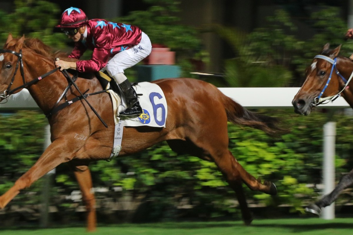 Zac Purton guides Great Joy to victory at Happy Valley in May. Photo: Kenneth Chan