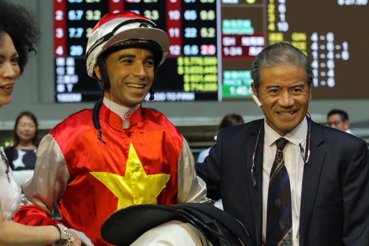 Joao Moreira after Wah May Baby’s win on Wednesday night. Photos: Kenneth Chan.