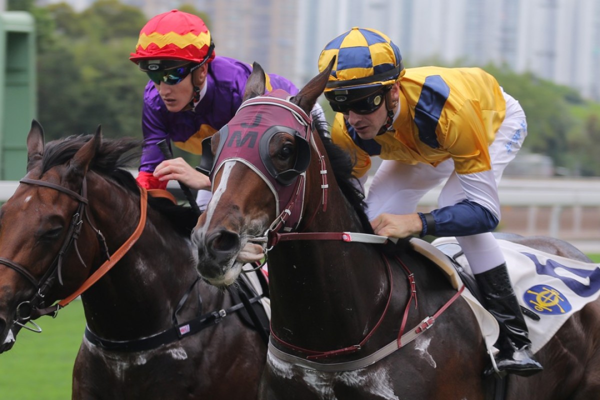 Sam Clipperton guides Amusing City (right) to victory at Sha Tin in April. Photo: Kenneth Chan