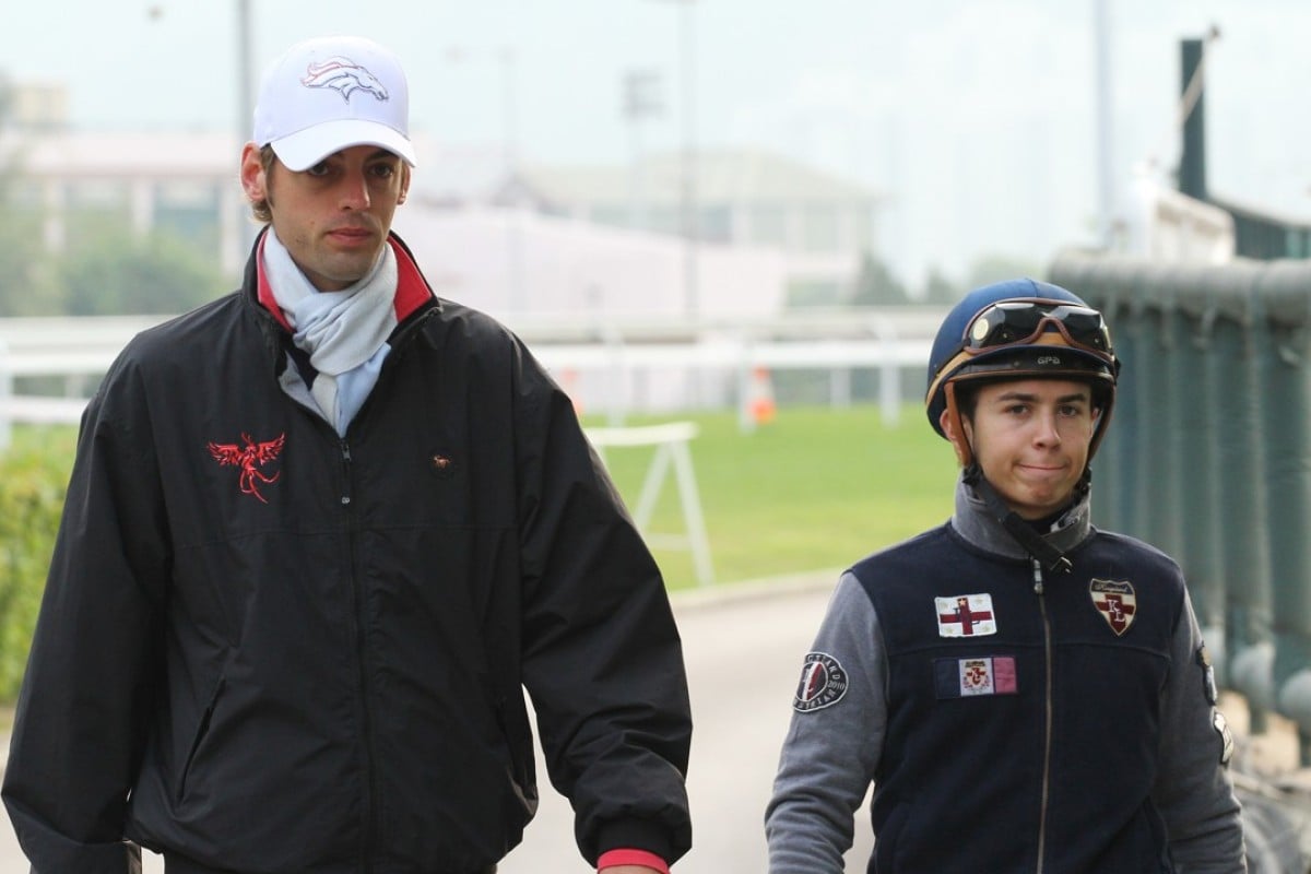 Jockey agent Alexis Doussot (left) with Mickael Barzalona at Sha Tin trackwork in December 2011. Photos: Kenneth Chan