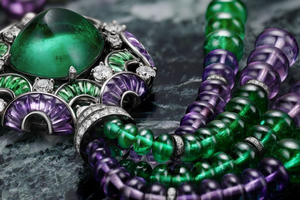 A Festa delle Principesse necklace is one of three themes from Bulgari's Festa high-jewellery collection. The piece includes a 22.6ct cabochon Colombian emerald, and 30 emerald and 33 purple quartz and amethyst beads.