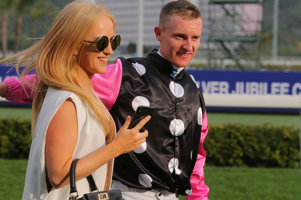 Zac Purton celebrates Beauty Generation’s win with his wife Nicole. Photos: Kenneth Chan