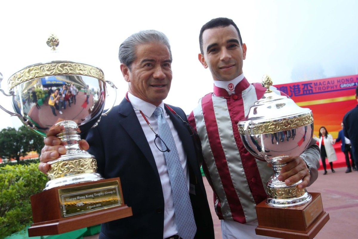 Joao Moreira (right) and Tony Cruz celebrate their victory in the Macau Hong Kong Trophy. Photos: Kenneth Chan