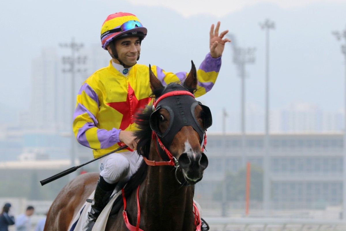 Joao Moreira celebrates a win on Ping Hai Star. Photos: Kenneth Chan