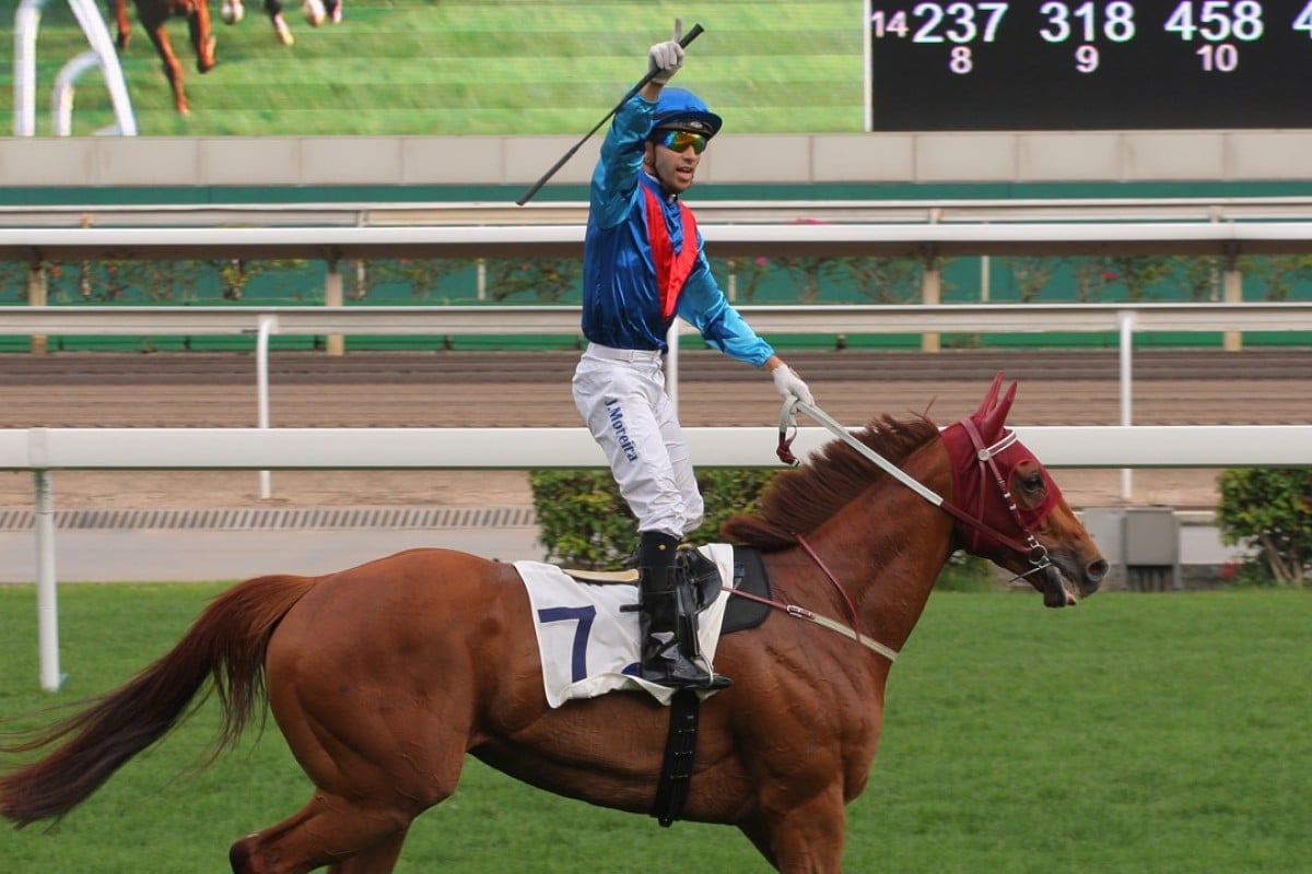 Joao Moreira celebrates after Rapper Dragon won the Group Two Chairman’s Trophy at Sha Tin. Photo: Kenneth Chan