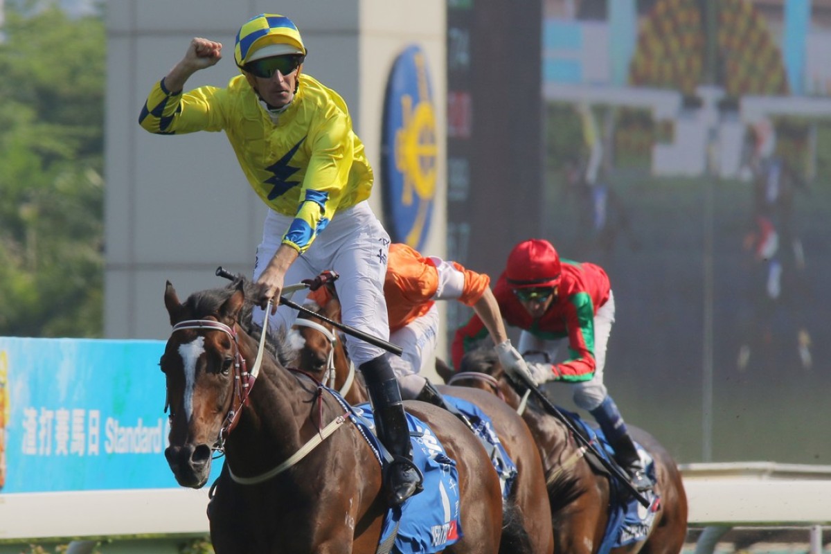 Hugh Bowman celebrates at Werther wins the 2017 Standard Chartered Champions & Chater Cup. Photos: Kenneth Chan