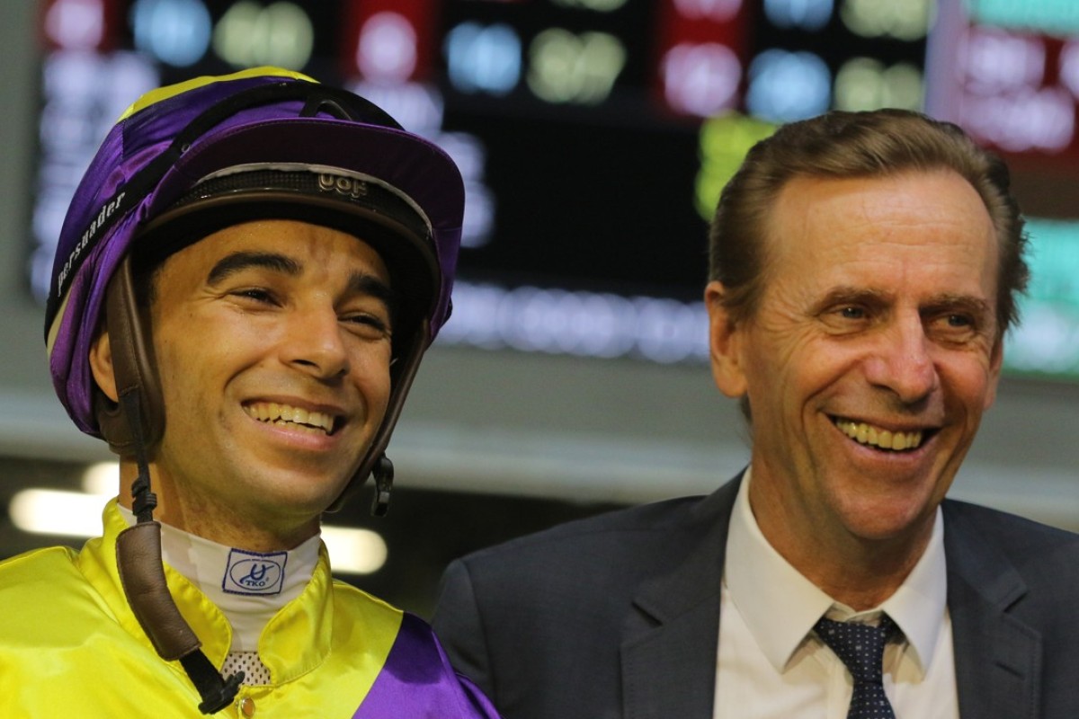 Joao Moreira and John Size after Jolly Bountiful won on Wednesday night. Photos: Kenneth Chan.