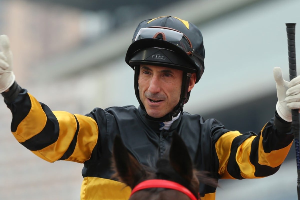 Olivier Doleuze celebrates winning the Group One Centenary Sprint Cup with D B Pin. Photos: Kenneth Chan