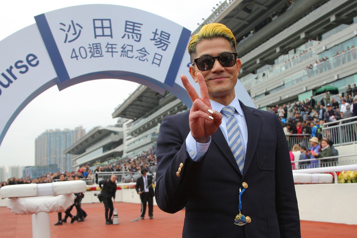 Aaron Kwok celebrates Dancing Fighter’s win at Sha Tin on Saturday. Photos: Kenneth Chan
