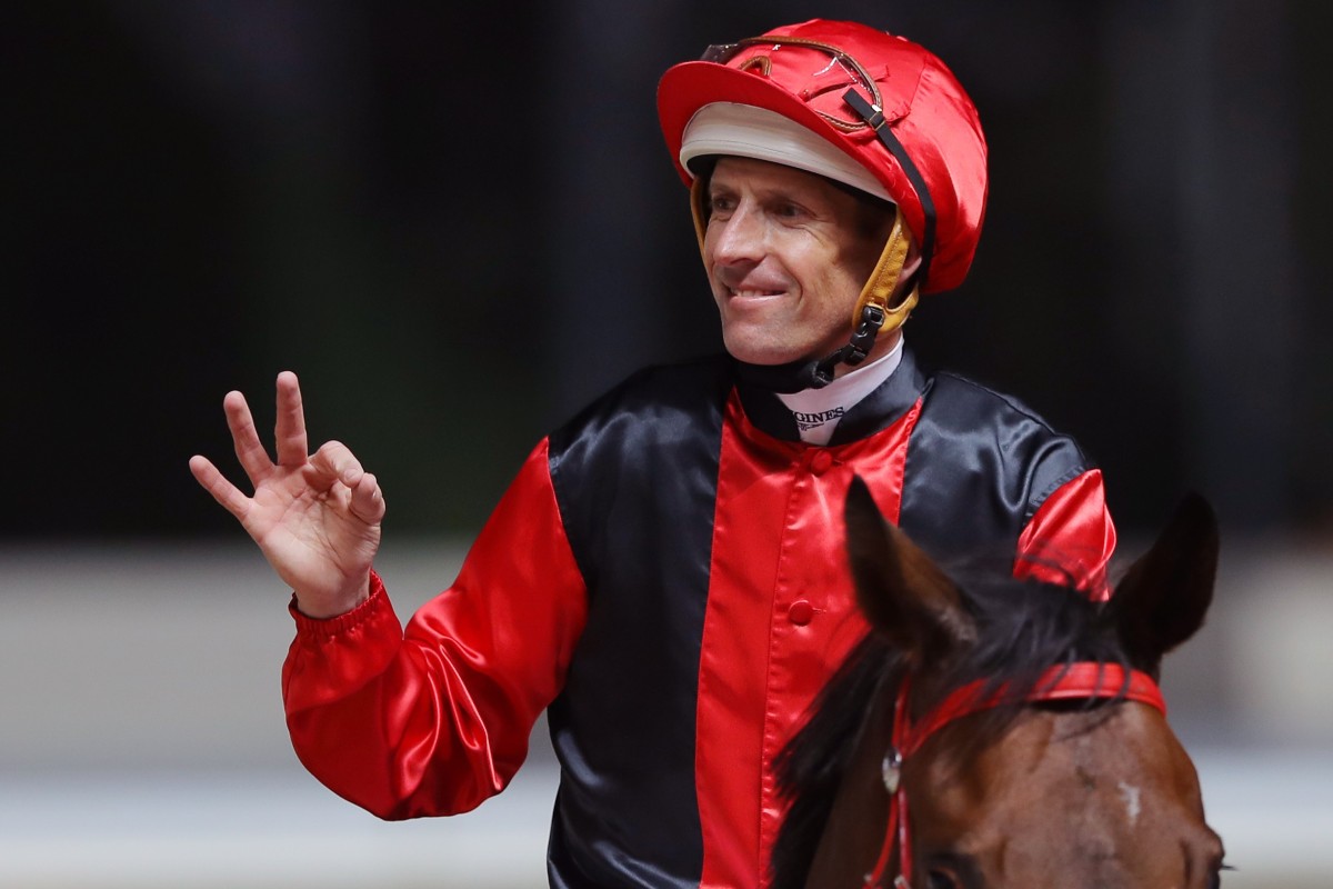 Hugh Bowman celebrates after winning aboard Country Star at Happy Valley in December. Photo: Kenneth Chan