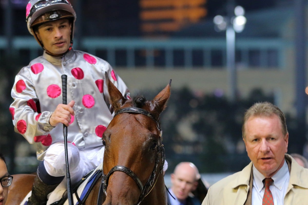 Silvestre de Sousa in the winner’s circle at Happy Valley after saluting on Gift Of Lifeline. Photos: Kenneth Chan